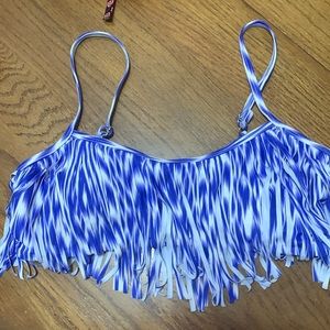 Xhilaration Blue and White Fringe Bikini Top Adjustable Straps Size L NWT